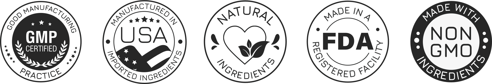GMP Certified · Made in USA · Natural Ingredients · FDA Registered Facility · Non-GMO